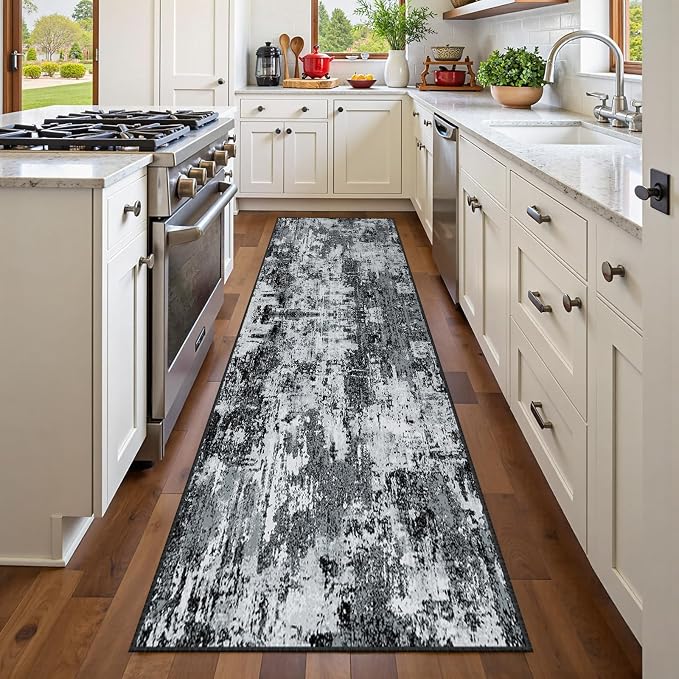 RELEANY Washable Area Rugs 2'x10' Non-Slip Modern Abstract Soft for Living Room Entryway Bedroom Kitchen, Print Pattern, Black Navy Blue Gray