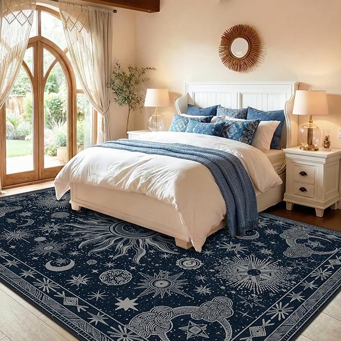 Vacuum-Friendly, 9x12 Washable Area Rug, Blue Gray White | Sun and Moon Boho Gothic Non-Slip Low Pile Living Roon Bedroom Dining Room Kitchen Entry Entryway Entrance Hallway Doormat