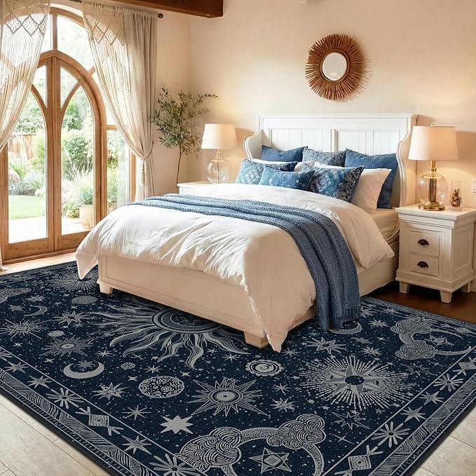 Vacuum-Friendly, 8x10 Washable Area Rug, Blue Gray White | Sun and Moon Boho Gothic Non-Slip Low Pile Living Roon Bedroom Dining Room Kitchen Entry Entryway Entrance Hallway Doormat