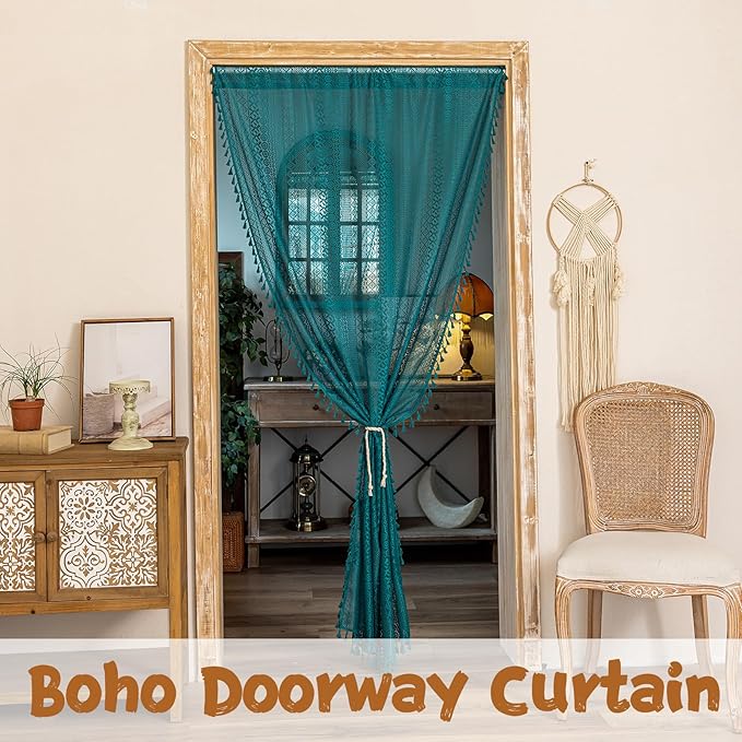 Sutuo Home Boho Sheer Doorway Curtain for Doorway Closet, Lace Door Curtain for Patio Front Door Crochet Vintage Tassels Bohemian Privacy Temporary Room Divider Rod Pocket,1 Panel 37" x 80" Teal
