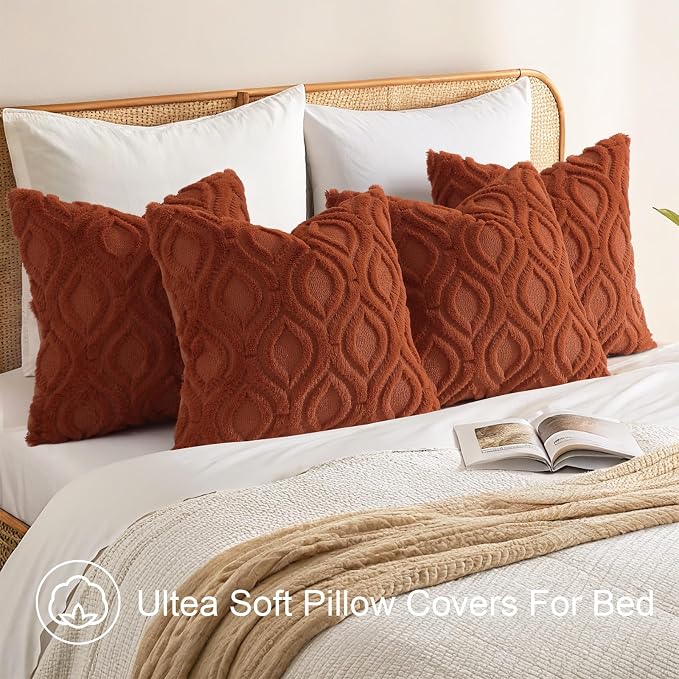 decorUhome Rust Faux Fur Soft Throw Pillow Covers 16X16 Set of 4 | Fall Neutral Decorative Plush Couch Pillow Covers, Accent Modern Farmhouse Neutral Pillow Cases for Sofa Bed Living Room