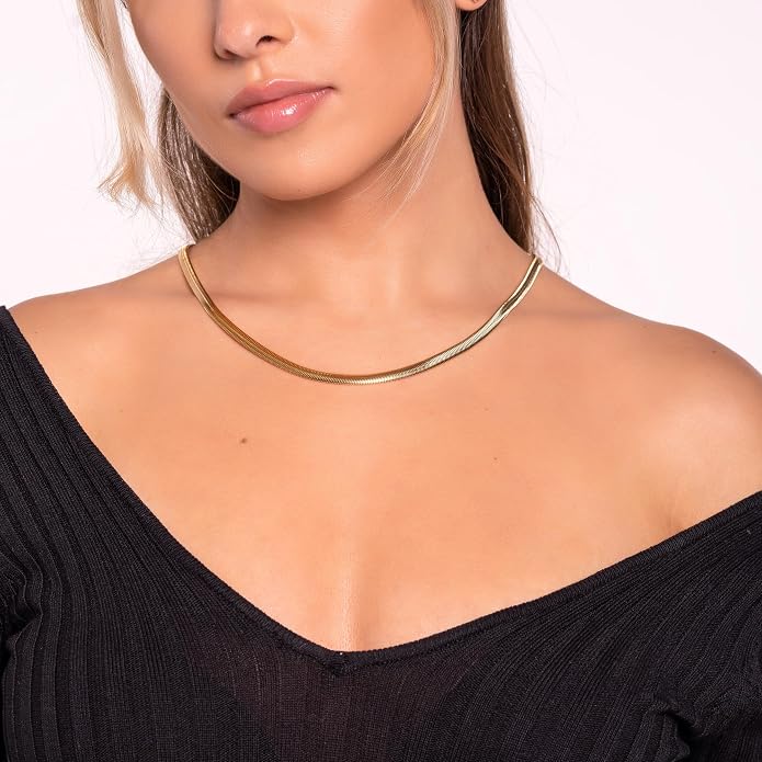 Barzel 18K Gold Plated Flat Herringbone Snake Chain Necklace for Women | Made In Brazil