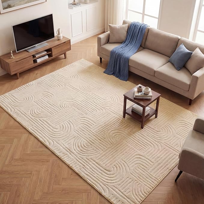 Carvapet 6x9 Area Rug - Beige Modern Geometric Maze 3D High Low Pile Texture Floor Carpet, Luxurious Washable Soft Plush Rug with Skid-Resistant Backing for Living Room Dining Room
