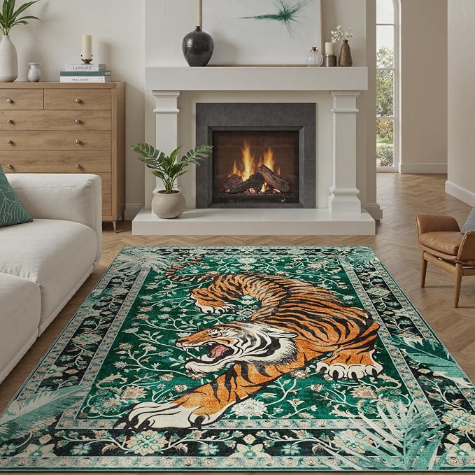 DCX Washable 9x12 Tiger Area Rug, Green Vintage Animal Rug for Living Room, Soft Low Pile Carpet, Kid & Pet Friendly with Rubber Back Non Slip, Stain Resistant Rug for Bedroom Dining Room Office