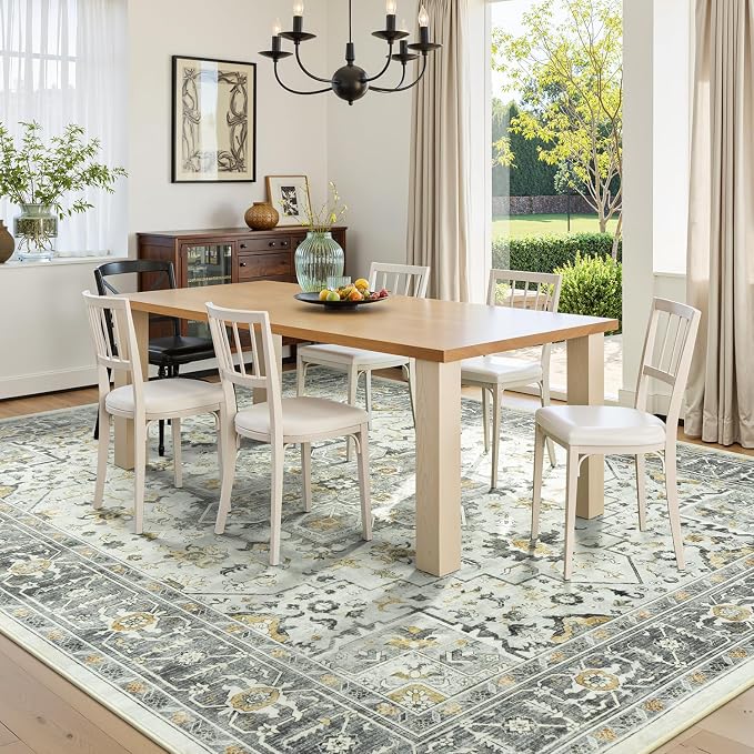Taupe Vintage 9x12 Living Room Rug - Vintage Oriental Revival Low-Pile Carpet for Bedroom, Dining Table, Machine Washable Soft Non-Slip Large Area Rug Distressed Farmhouse Décor Light Grey