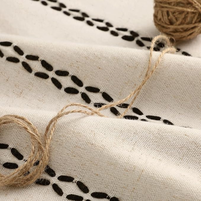 Beige Boho Blackout Curtains 2 Panels 72 Inch for Living Room Bedroom, Linen Texture Farmhouse Curtains with Tassels and Black Cotton Embroidery Vintage Rustic Western Rod Pocket