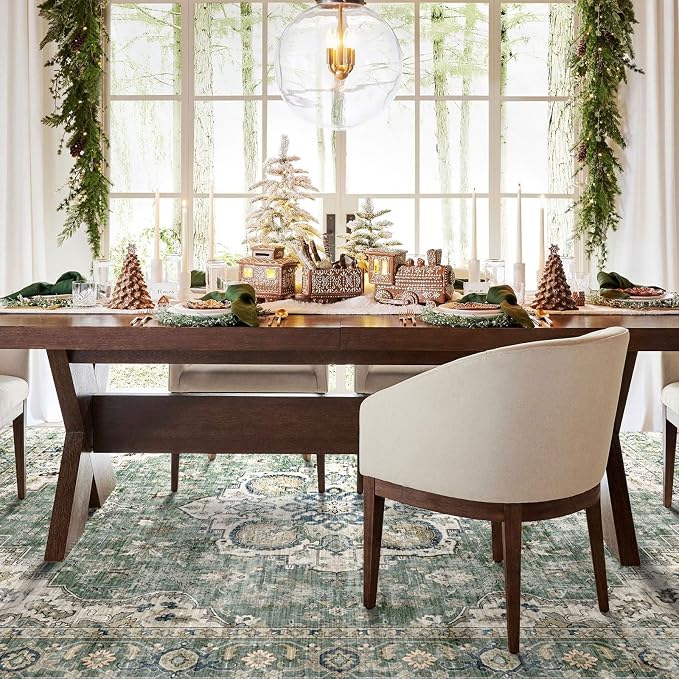LUXRUG Washable Area Rug 5x8 - Boho Living Room Rug Non Slip Soft Bedroom Rug Ultra-Thin Sage Green Vintage Oriental Farmhouse Dining Room Rugs for Under Table Indoor Carpet for Living Room
