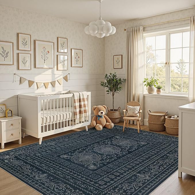 Nakagishi 5x7 Area Rugs Living Room: Washable Large Vintage Rug Neutral Non-Slip Soft Stain Resistant Indoor Carpet for Bedroom Nursery Dining Room Office Playroom - Navy