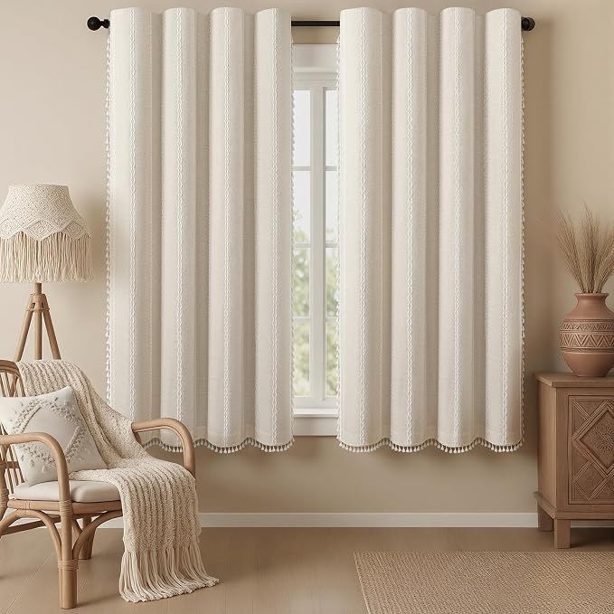 Cream Boho Blackout Curtains 2 Panels 63 Inch for Living Room Bedroom, Beige Linen Texture Farmhouse Curtains with Tassels and Cotton Embroidery Vintage Rustic Western Rod Pocket