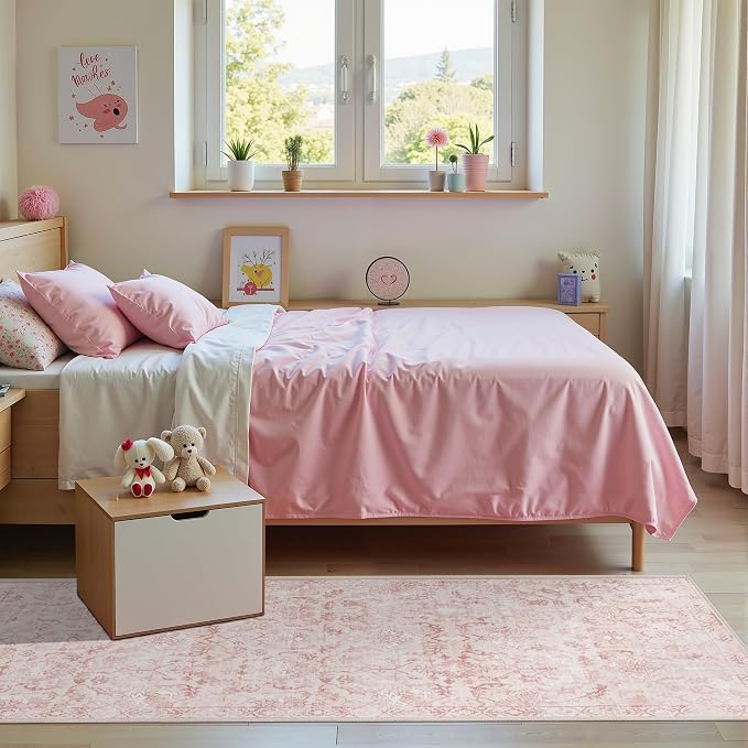 Pink 3x7 Runner Rug for Hallways Bed Side Kitchen, Boho Washable Distressed Low-Pile Floor Entryway Long Bathroom Mat, Non-Slip Laundry Room Washstand Front Carpet 36x84 Inch
