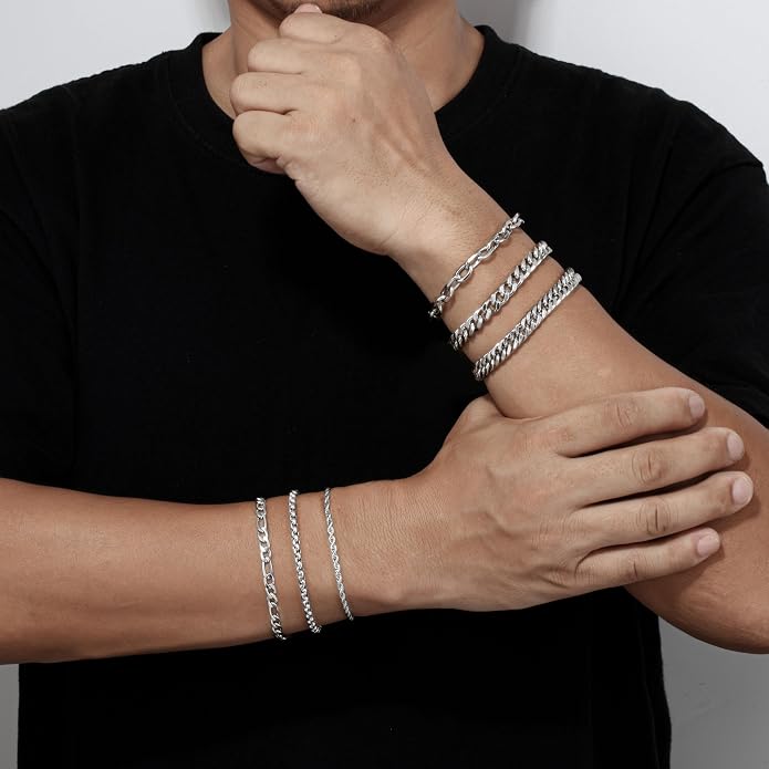 XIANNVXI 6pcs Bracelets for Men Gifts for Him Stainless Steel Bracelet Silver/Gold/Black Cuban Link Rope Paperclip Chain Bracelets Set 6.5/7/7.5/8.3/9 Inches Metal Bracelet Mens Fashion Accessories Jewelry Gifts Set