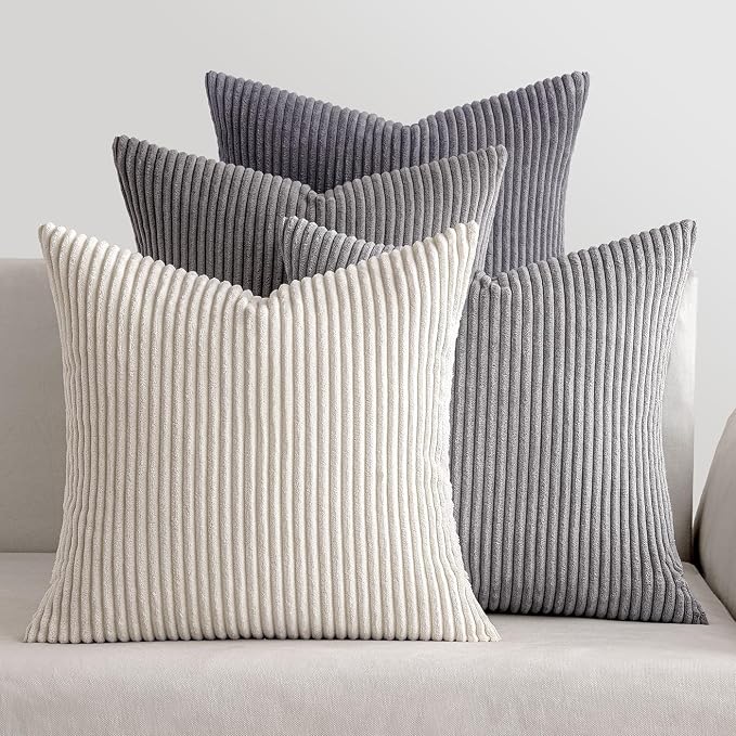 MIULEE Pack of 4 Neutral Grey Gradient Decorative Throw Pillow Covers 20x20 Inch Soft Boho Striped Corduroy Pillow Covers Modern Farmhouse Home Decor for Sofa Living Room Couch Bed