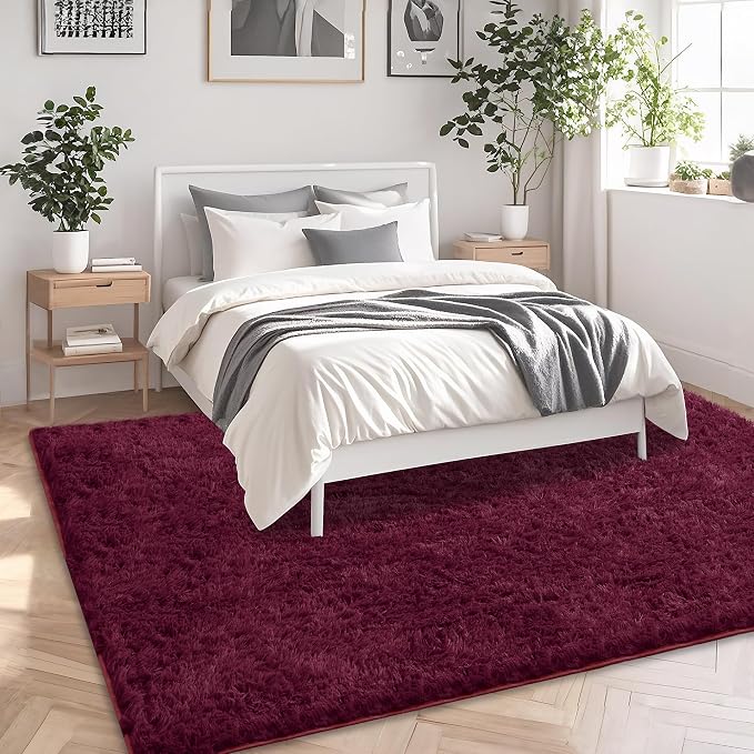 5x7 Burgundy Fluffy Shag Area Rugs for Living Room Bedroom Girls | Ultra Soft Comfy, Fuzzy Shaggy Plush Carpet for Nursery Kids Dorm, Modern Indoor Home Decor, Upgrade Non-Slip