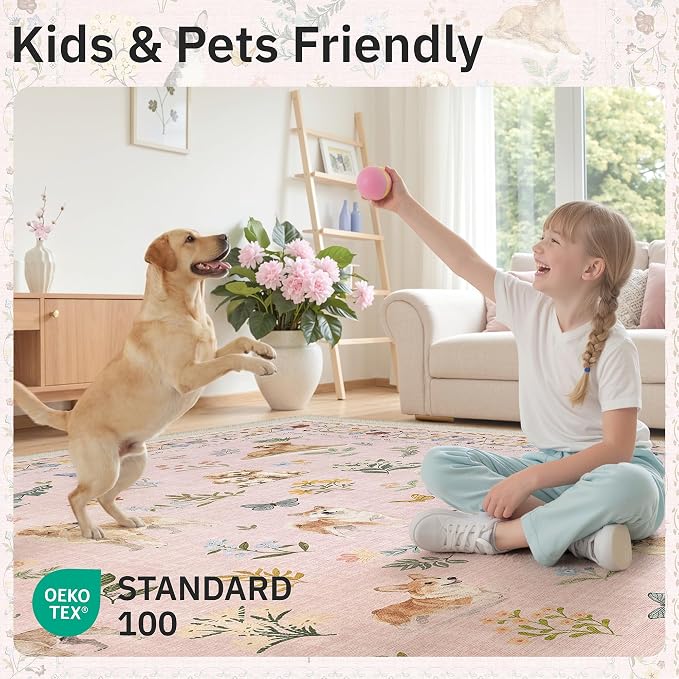 Soalmost Dog 5x7 Pink Area Rugs for Baby Girl Nursery, Washable Soft Rug | Floral Vintage Non-Slip Low Pile Cute Throw Rugs for Living Room Kitchen Dining Room Bedroom Nursery Playroom 5' x 7'