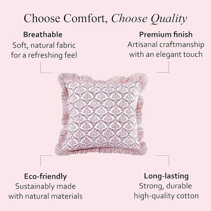 CPC Blush Rose Hand Block Print 100% Cotton Ruffle Throw Pillow Cover 20x20 inch with Hidden Zipper Decorative for Couch, Bed, Sofa, Farmhouse, Cottagecore Decor Gift Christmas Fall Thanksgiving