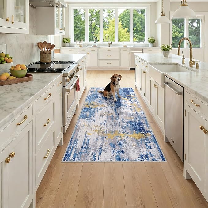 RELEANY Washable Area Rugs 3x6 Non-Slip Modern Abstract Soft for Living Room Entryway Bedroom Kitchen, Print Pattern, Grey Blue Gold/Golden