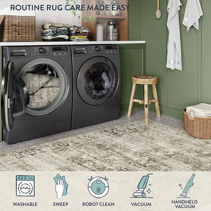 Lahome Margot Washable Rug 6x9 Beige Area Rugs for Living Room,Boho Soft Room Rugs for Bedroom Indoor Carpet,Vintage Non-Slip Low-Pile Accent Rugs Dining Room Office Playroom(6 x 9,Beige)