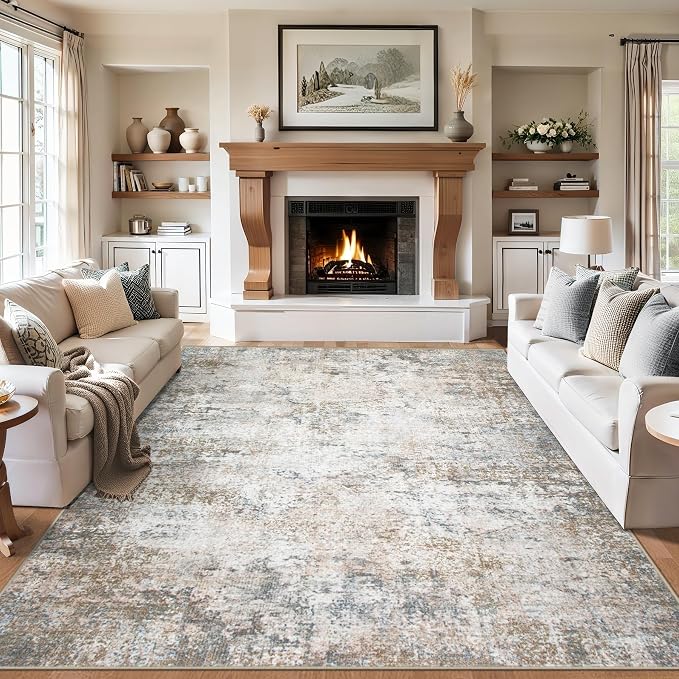 Area Rugs 10x12 Living Room - Washable Rug Modern Abstract Soft Large Neutral Non-Slip Carpet Indoor Floor Stain Resistant Thin Carpets for Bedroom Dining Room Farmhouse Nursery Home Office Brown Grey