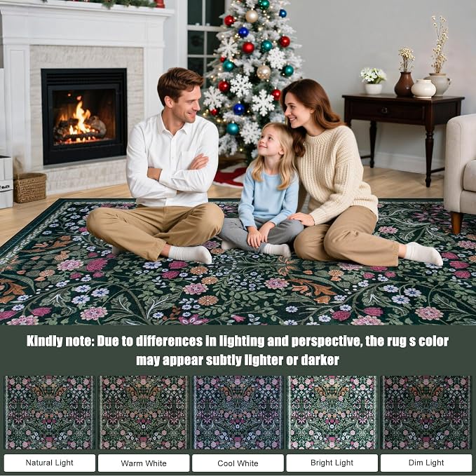 Area Rug Living Room Rugs: Floral 3x5 Washable Rug Vintage Soft Boho Non-Slip Carpet Indoor Floor Stain Resistant Large Carpets for Bedroom Dining Room Farmhouse Nursery Hallway Dark Green
