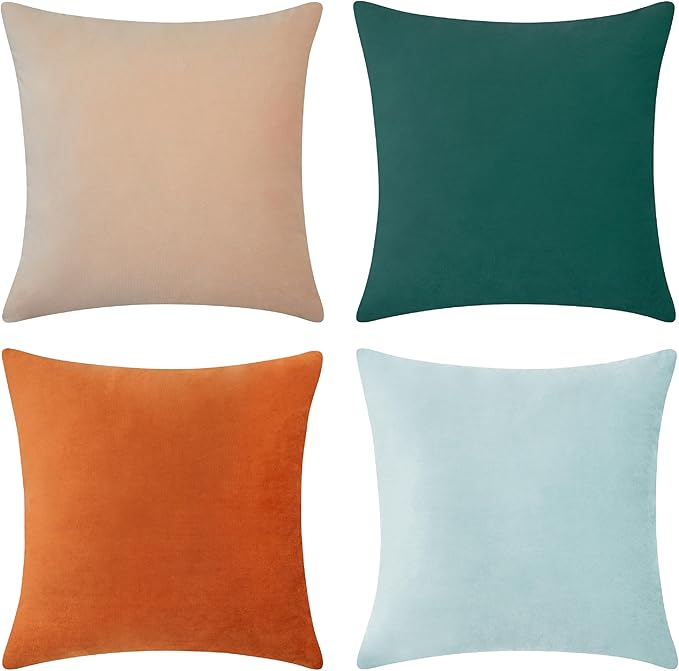 MONDAY MOOSE Decorative Throw Pillow Covers Cushion Cases, Set of 4 Soft Velvet Modern Designs, Mix and Match for Home Decor, Pillow Inserts Not Included (18x18 inch, Orange/Green)