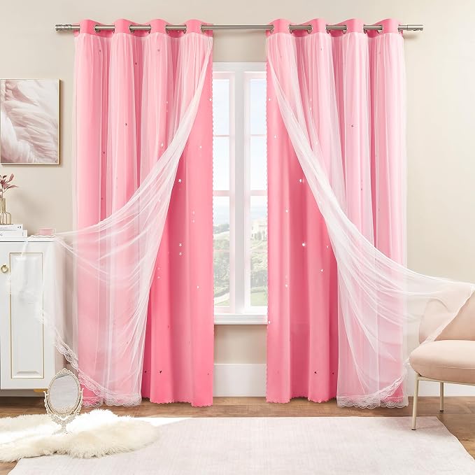 XiDi Pink Curtains for Girls Kids Bedroom Decor 2 Panels Pink Blackout Curtains with Sheer Overlay for Nursery Kids Room Star Double Layer Drapes with Tiebacks Grommet Window Treatment 34WX102L