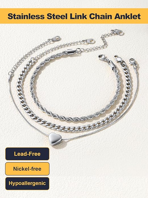 U7 2Pcs/3Pcs Ankle Bracelets for Women, Stainless Steel Cuban Link/Figaro/Rope/Heart Chain Anklets Sets,Waterproof Layered Anklets Adjustable 8.5"-10.5"