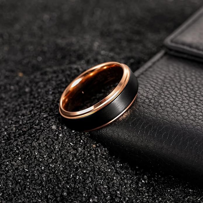 TRUMIUM 6mm 8mm Tungsten Rings for Men Women Black Wedding Band 24K Gold Plated/Rose Gold Plated Step Edges Comfort Fit Size 6-13