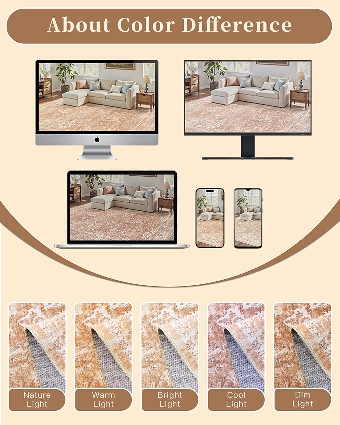 Madane 9x12 Area Rugs for Living Room, Machine Washable Vintage Rug with Non-Slip Backing, Soft Floral Print Large Throw Rugs, Thin Carpet for Bedroom Dining Room Farmhouse (9 x 12, Jasper Orange)