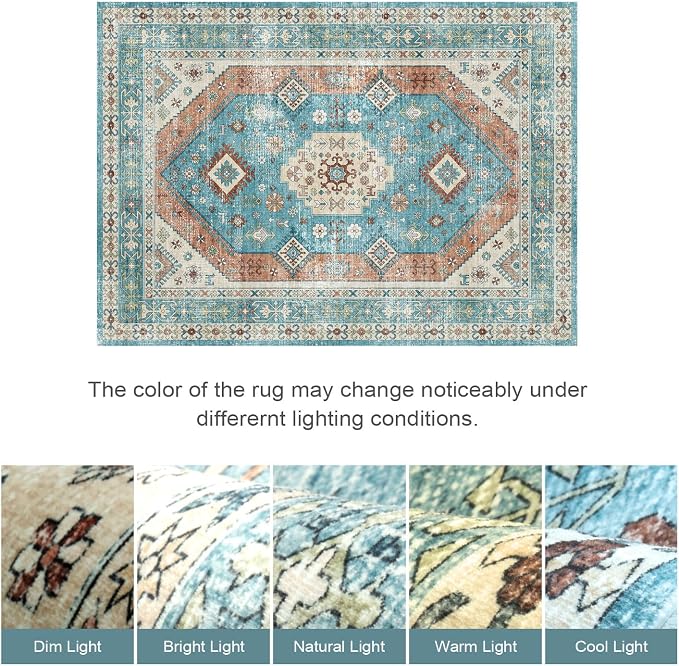 Lofus Vintage Living Room Rugs 8x10, Soft Machine Washable Area Rug for Bedroom Indoor Floor Home Office House Decor, Oriental Traditional Distressed Farmhouse Carpet, Boho Terracotta and Blue