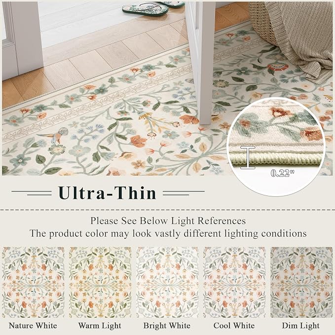 Lahome Floral Washable Area Rug 8x10, Large Vintage Non Slip Carpet for Living Room Bedroom, Low-Pile Soft Boho Rug for Dining Room Home Office, Machine Washable Home Decor, Beige