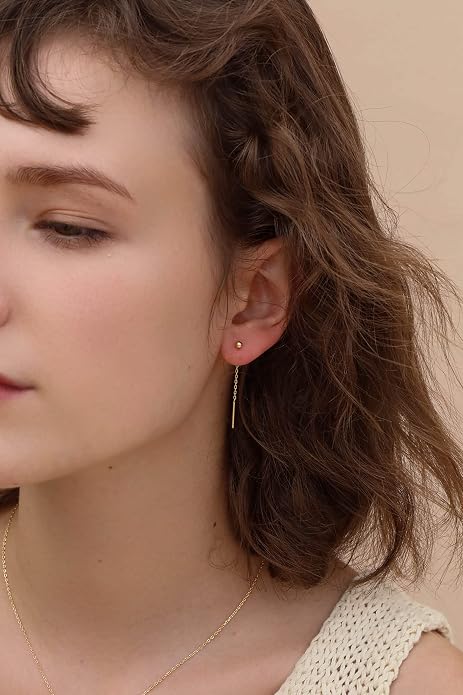 S.Leaf Threader Earrings for Women 925 Sterling Silver Gold Plated Hypoallergenic Backless Ardant Chain Duster Tassel Drop Double Piercing Pull Through Earrings for Women Trendy