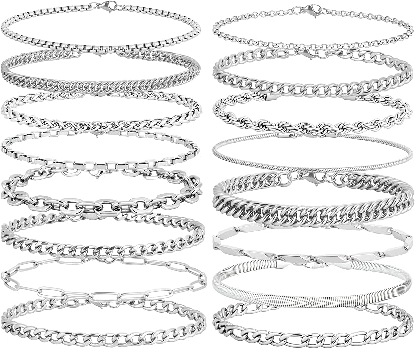 Chain Bracelet for Men Stainless Steel Cuban Link Curb Figaro Herringbone Rope Paperclip Snake Byzantine Curb Chunky Chain Silver Bracelets Jewelry Set for Men 8.3 Inches