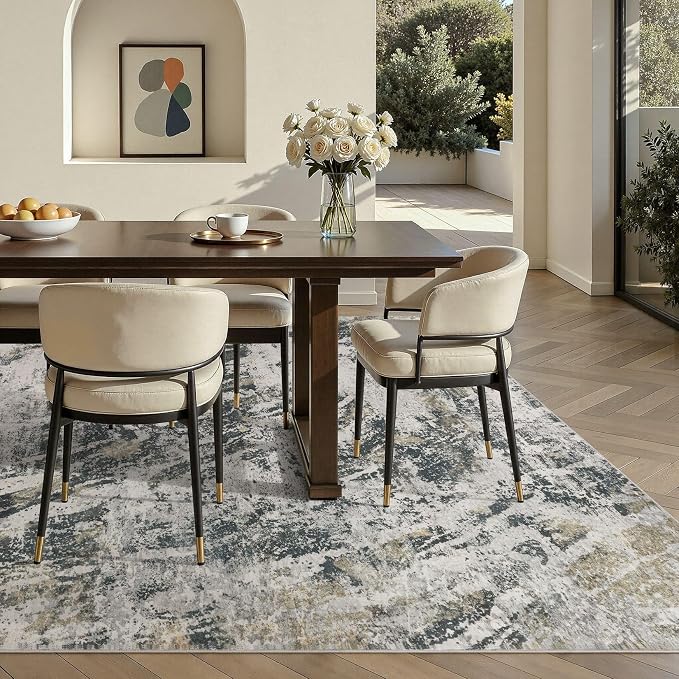 DMOYEST Area Rug Living Room Rugs - 5x7 Large Soft Indoor Neutral Modern Abstract Low Pile Washable Rug Carpet for Bedroom Dining Room Farmhouse Home Office-Black Gold/Grey