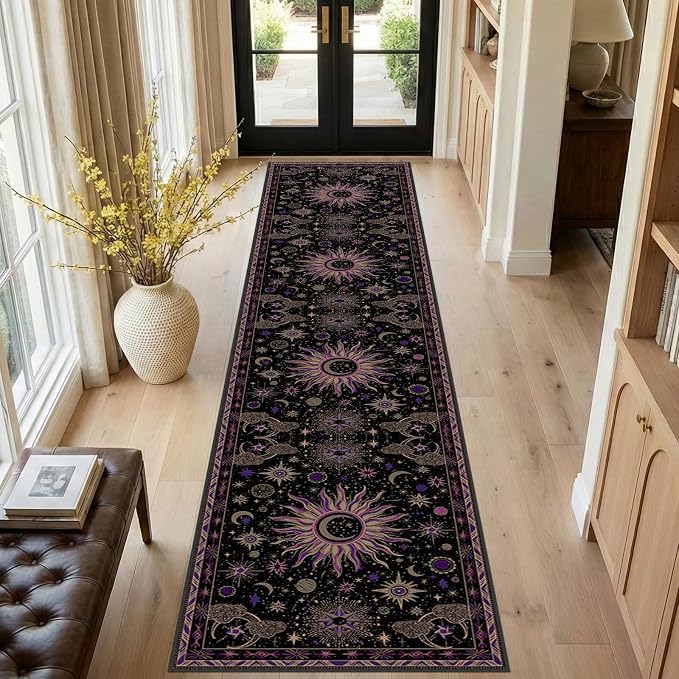Vacuum-Friendly, 2x10 Washable Area Rug, Black Purple Beige | Sun and Moon Boho Gothic Non-Slip Low Pile Living Roon Bedroom Dining Room Kitchen Entry Entryway Entrance Hallway Doormat