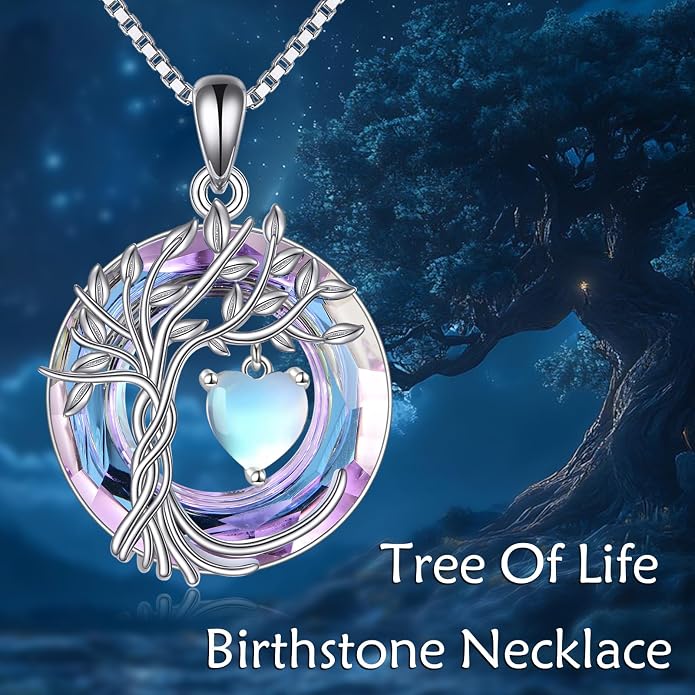 POPLYKE Mothers Day Gifts for Mom Her Wife Tree of Life Necklace 925 Sterling Silver Birthstone Pendant with Crystal Anniversary Birthday Wedding Jewelry for Women
