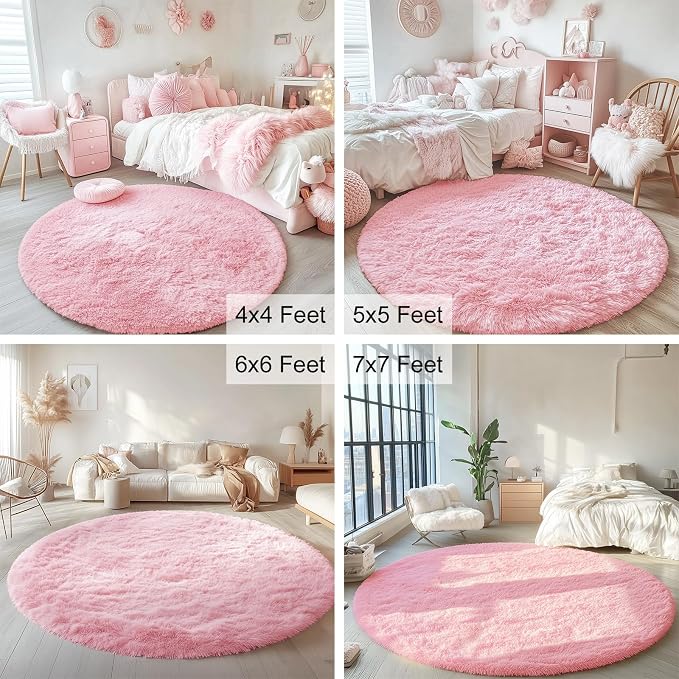 OLANLY Pink Round Rugs for Bedroom - Machine Washable, 7 ft Circle Area Rugs for Living Room, Soft and Fluffy Shaggy Carpet for Teen Girls and Boys, Nursery Rooms, Dorms, Home Decor Aesthetic