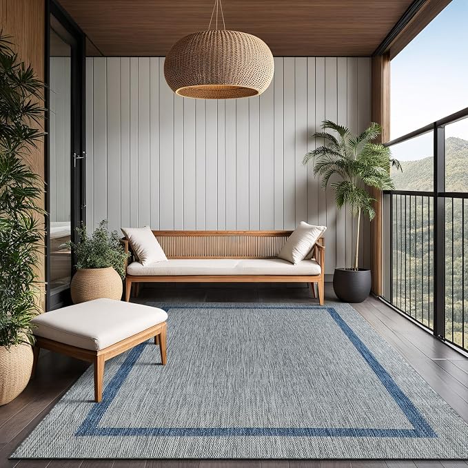 Luul Home Bordered Outdoor Rug 6x9 Washable Outside Carpet for Indoor Patio Porch Waterproof Easy Cleaning Non Shedding Area Rugs Silver Gray - Blue 6 x 9