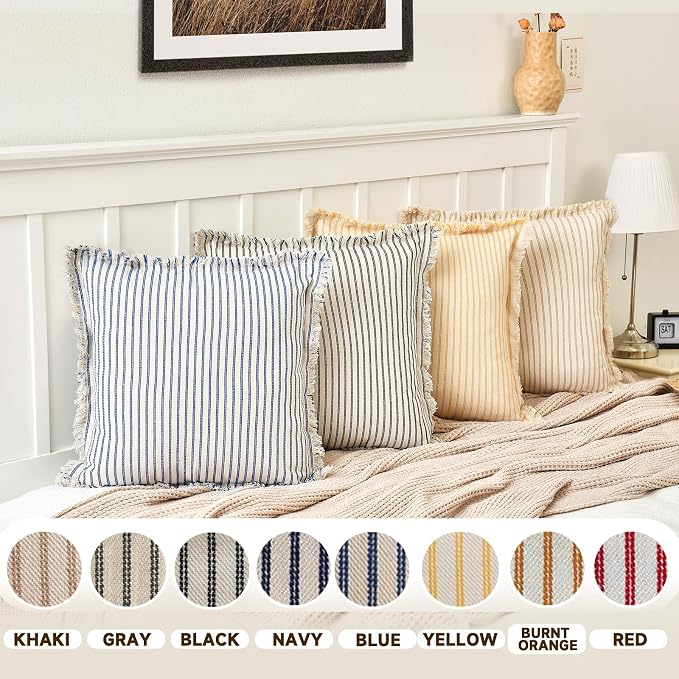 ZWJD Throw Pillow Covers 24x24 Set of 2 Striped Pillow Covers with Fringe Chic Cotton Decorative Pillows Square Cushion Covers for Sofa Couch Bed Living Room Farmhouse Decor