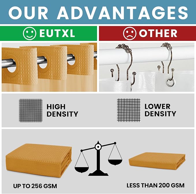 EUTXL 256GSM Heavyweight Hotel Shower Curtain - Waffle Textured Heavy Duty Thick Fabric Shower Curtains for Bathroom,71W x 74H,Gold