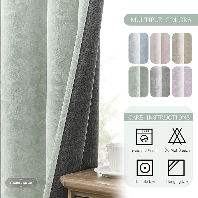 Beauoop Green Floral Jacquard Blackout Curtains for Bedroom 52x108 2 Panels | Flower Chenille Room Darkening Drapes for Living Room 108 Inch Long Thermal Insulated Soundproof Window treatment Grommet