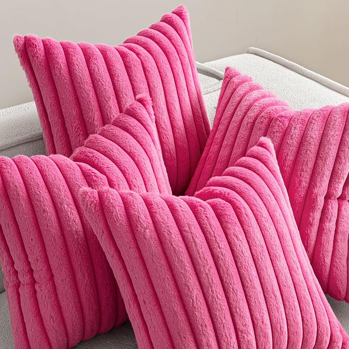MIULEE Faux Fur Plush Decorative Throw Pillow Covers 20x20 Set of 4, Modern Soft Fuzzy Striped Cushion Covers for Sofa Couch Bed Living Room Cozy Home Decor,Hot Pink