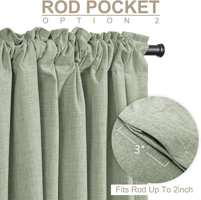 100% Blackout Shield Linen Blackout Curtains for Bedroom 63 Inches Long, Back Tab/Rod Pocket Living Room Drapes, Thermal Insulated Blackout Curtains 2 Panels Set, 50" W x 63" L,Sage Green