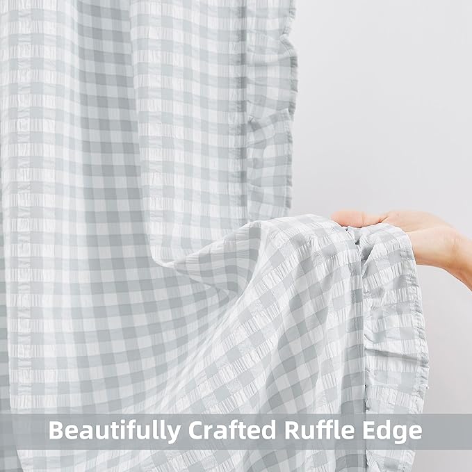 ZJDECOR 95 Inch Grey Buffalo Plaid Sheer Curtains with Ruffle Edges | Farmhouse Not-See-Through Sheer Drapes,Neutral Crinkle Bedroom Living Room Window Treatment,Rod Pocket,40"Wx95"Lx2