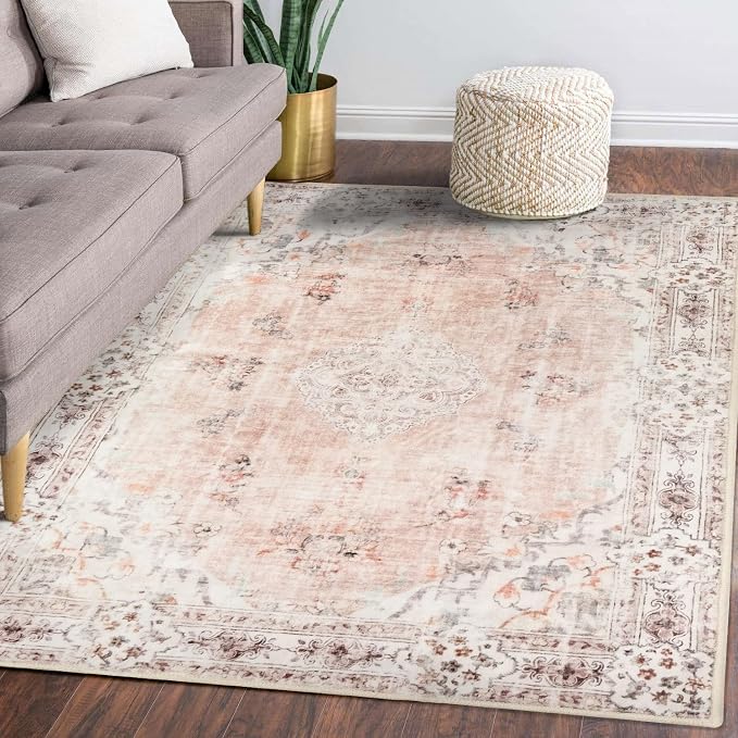 MUJOO 5'x7' Area Rugs Pink Washable Boho Rug Non Slip Low-Pile Floral | Machine Washable Large Throw Carpet for Bedroom Living Room Dining Room Soft Floor Indoor Abstract Flowers Light Blush