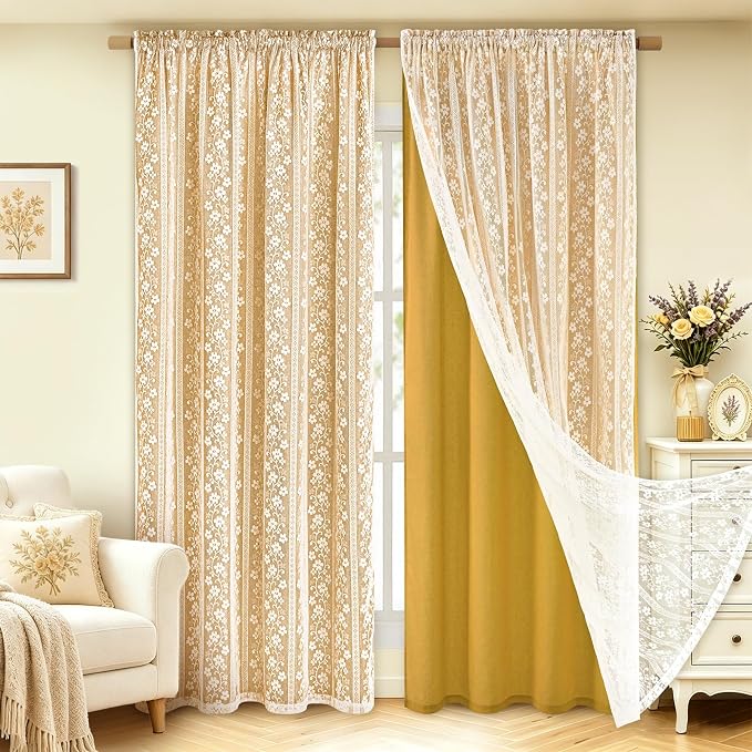 ASPMIZ Linen Curtains for Living Room Double Layer Curtains with Linen Lace, Mustard Yellow Bedroom Curtain Light Filtering, Rod Pocket Drapes 63 Inch Length 2 Panels Set with 2 Tiebacks, 52x63