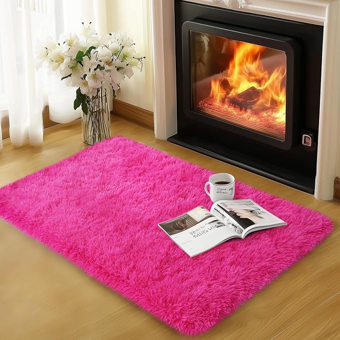 qulint 2x3 Rug for Bedroom, Hot Pink Fluffy Area Rugs for Living Room | Soft Shag Rug for Girls Bedroom, Fuzzy Shaggy Plush Small Carpet for Kids Dorm Nursery Classroom Home Decor