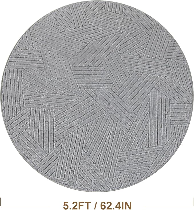Carvapet 5.2ft Round Area Rug - Light Grey High Low Pile Modern Floor Carpet, Washable Plush 3D Texture Circle Mat with Skid-Resistant Rubber Backing for Living Room Nursery