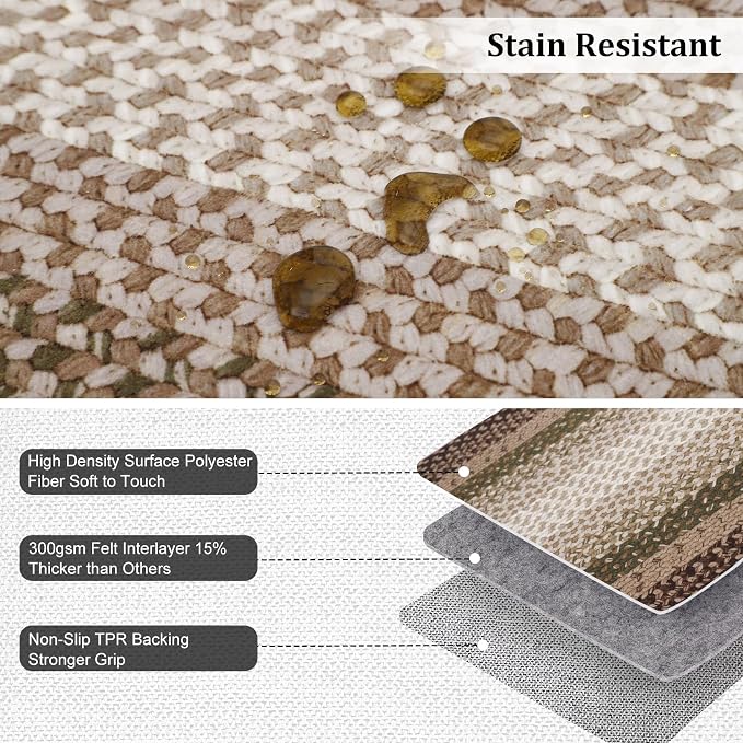 RUGSREAL Braided Print Washable 8x10 Large Rug for Living Room Modern Braid Printed Bedroom Rug Non Slip Stain Resistant Dining Room Throw Carpet Soft Farmhouse Accent Carpet HomeDecor, Moss Brown