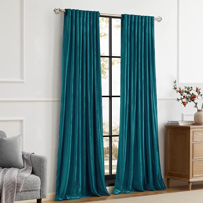 Teal Velvet Curtains 63 inches for Living Room,Luxury 2 Panels Bluish Green Room Darkening Rod Pocket Back Tab Curtain Elegant Thermal Insulated Heavy Soundproof Decorative Window Drapes for Bedroom