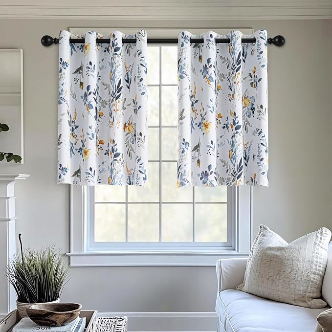 MYSKY HOME Floral Kitchen Tier Curtains 36 Inches Long Grommet Room Darkening Thermal Insulated Half Window Drapes for Small Windows Cafe Bathroom, W52, 2 Panels, Yellow and Blue